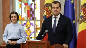 Мая Санду та Васіле Тофан під час висування кандидата в премєри Молдови