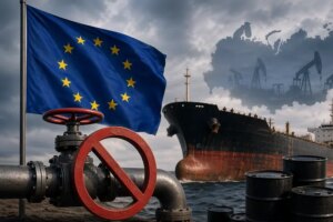 Прапор ЄС над нафтовим танкером зі знаком заборони на російську нафту