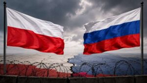 Прапори Польщі та Росії розділені колючим дротом на тлі бурхливого неба