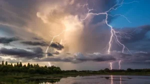 Гроза з блискавками над водоймою та деревами в Україні