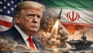 Дональд Трамп на тлі прапорів США та Ірану з ракетним ударом і авіаносцем