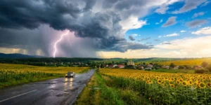 Гроза з блискавкою над полем соняшників у сільській місцевості України
