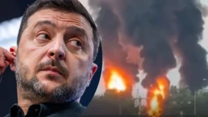 Зеленський на тлі палаючого нафтопереробного заводу Росії