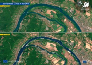 Супутникові знімки обмілілого Дунаю в Угорщині з містечками і полями